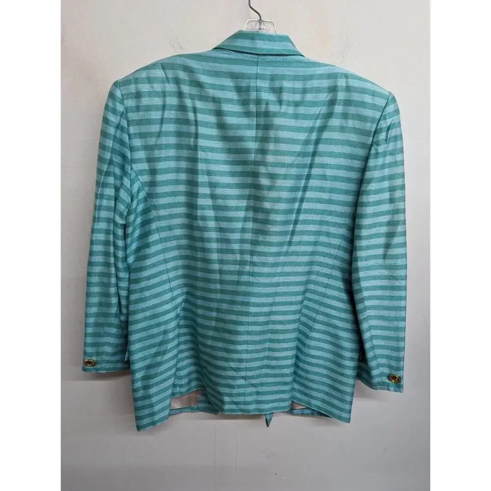 Vintage Christian Dior Women's Silk Jacket Teal Blue Striped 100% Silk Size 16